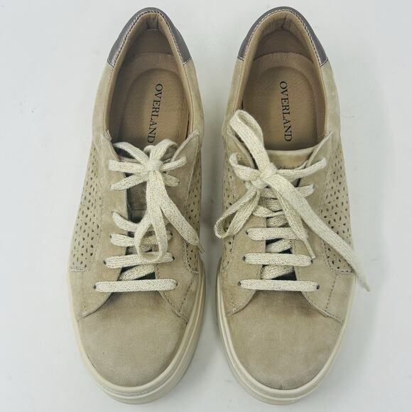 Overland Keri Platform Sneakers Size 39 8.5 Tan Perforated Suede Leather - Picture 12 of 15